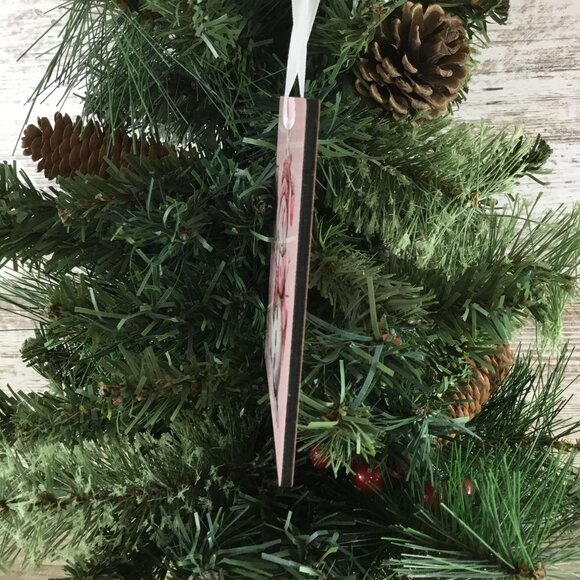 Snowman with Pink Hat & Heart Scarf 3.5" Square Wooden Ornament - Picture 2 of 5